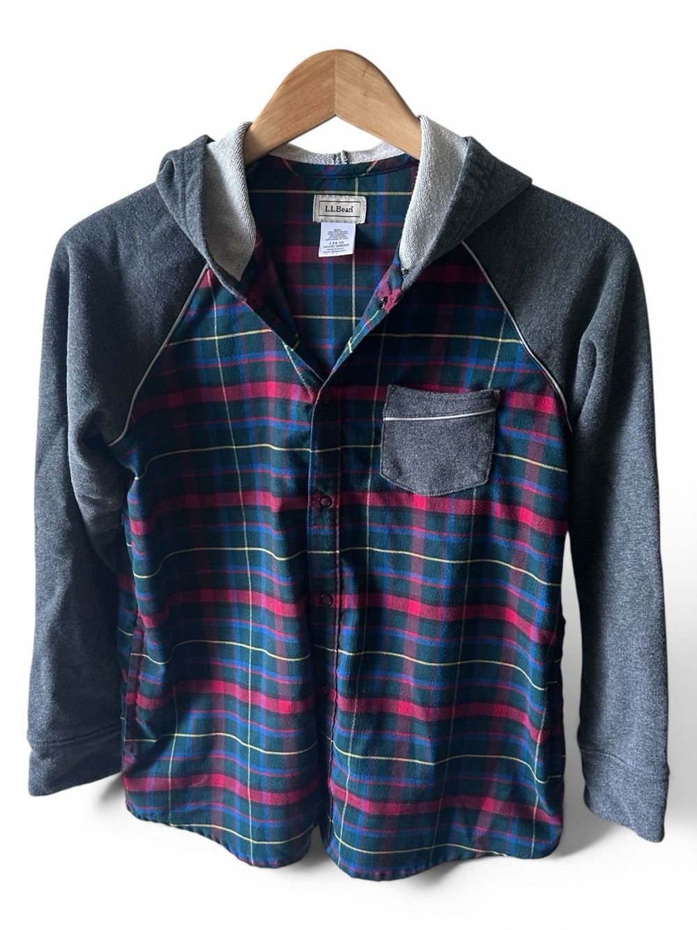 L.L.Bean Boys Plaid Hooded Shirt Jacket in Navy, Red & Gray 14-16